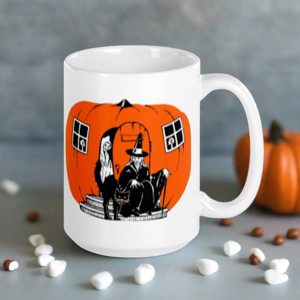 Pumpkin Witch House Black Cat Retro Halloween Vintage Mug