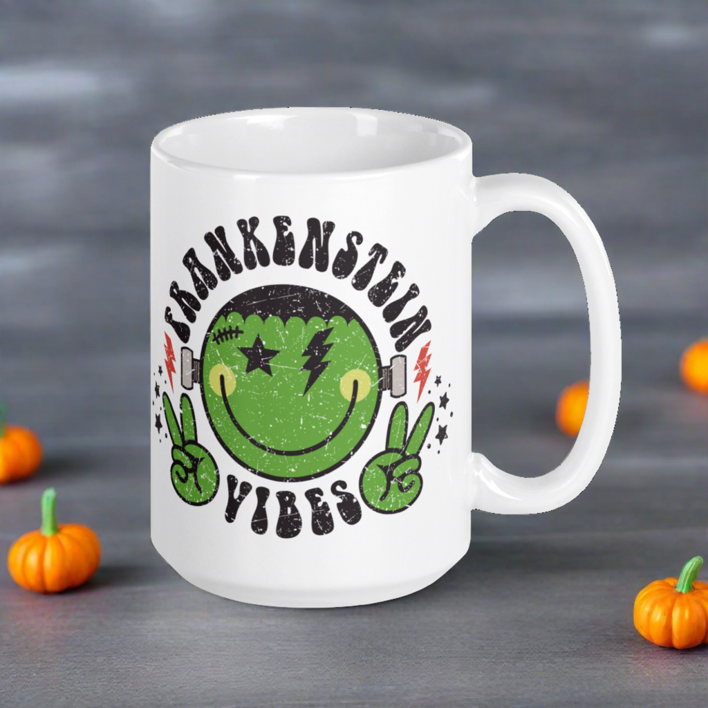 Frankenstein Vibes Distressed Style Halloween Glossy Coffee Mug