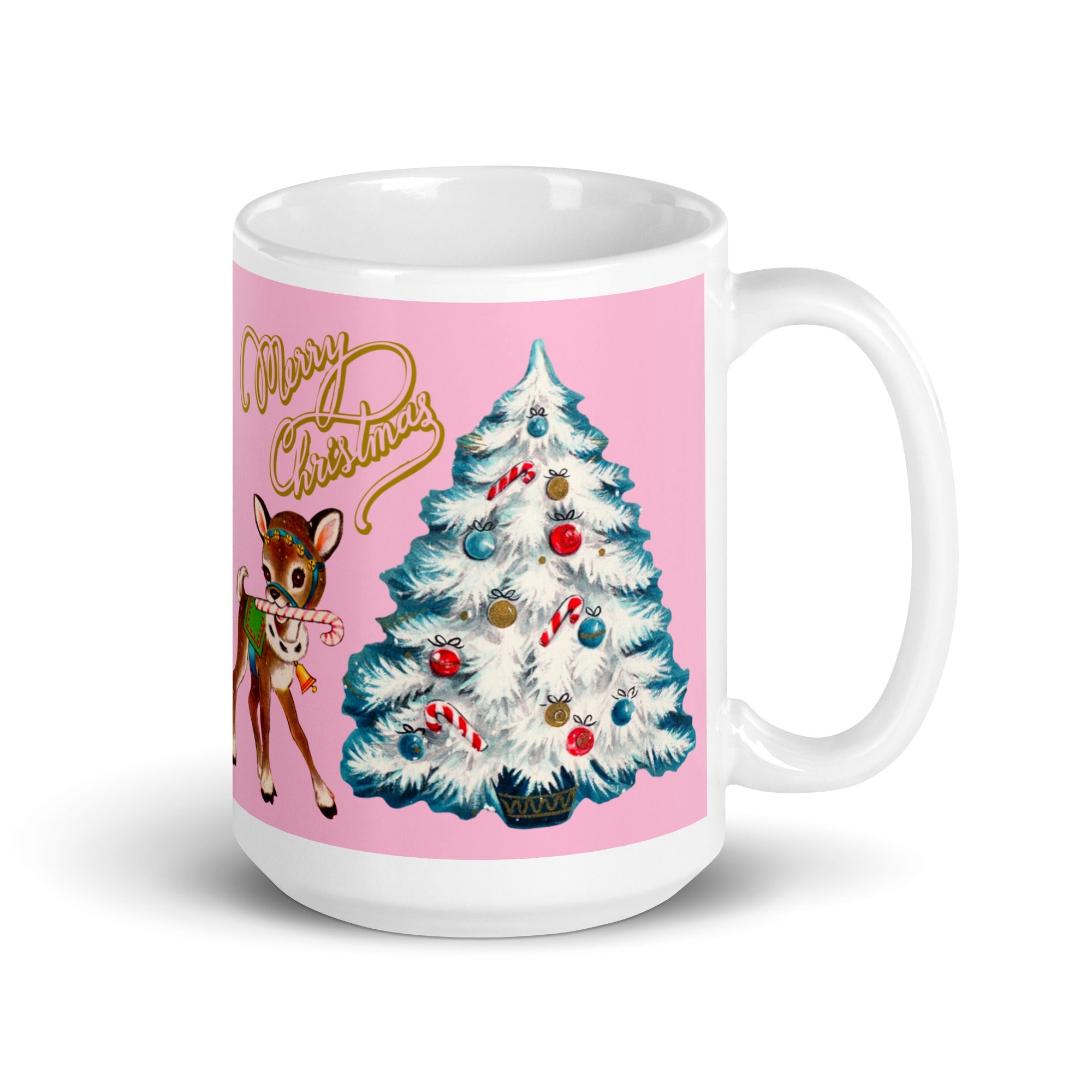 Merry Christmas Reindeer Mug White Teal Tree Pink Mid Century Retro Glossy Coffee Mug