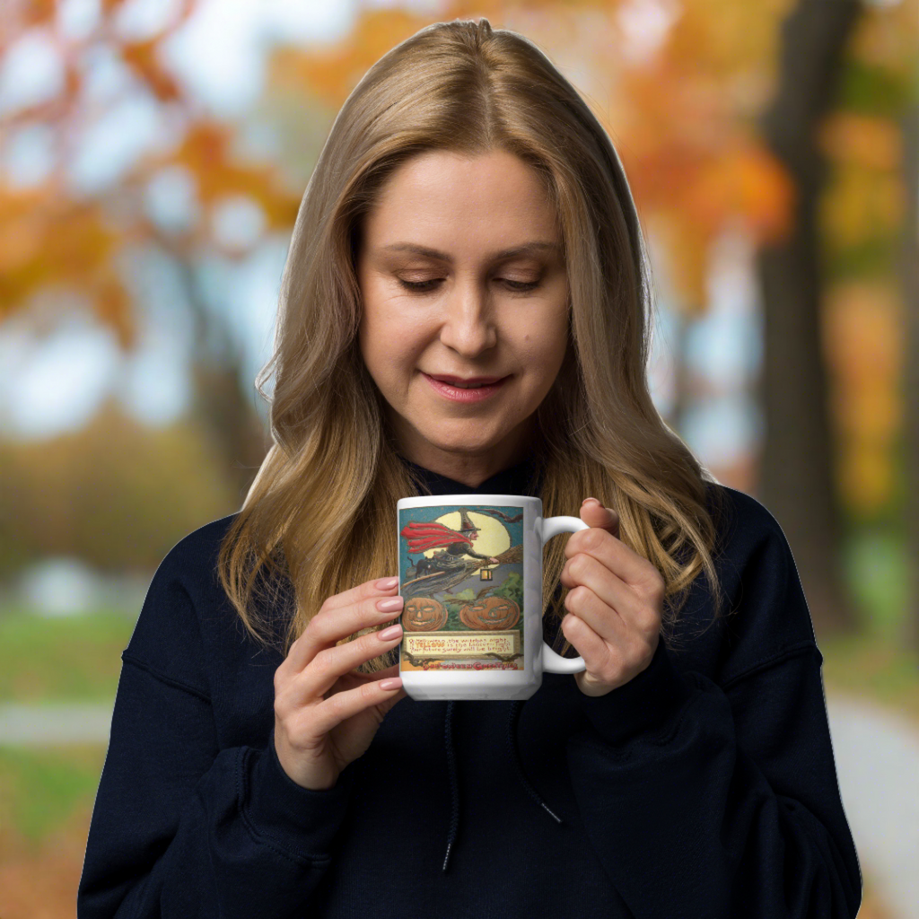 Victorian Witch Black Cat Retro Vintage Art Halloween Glossy Coffee Mug