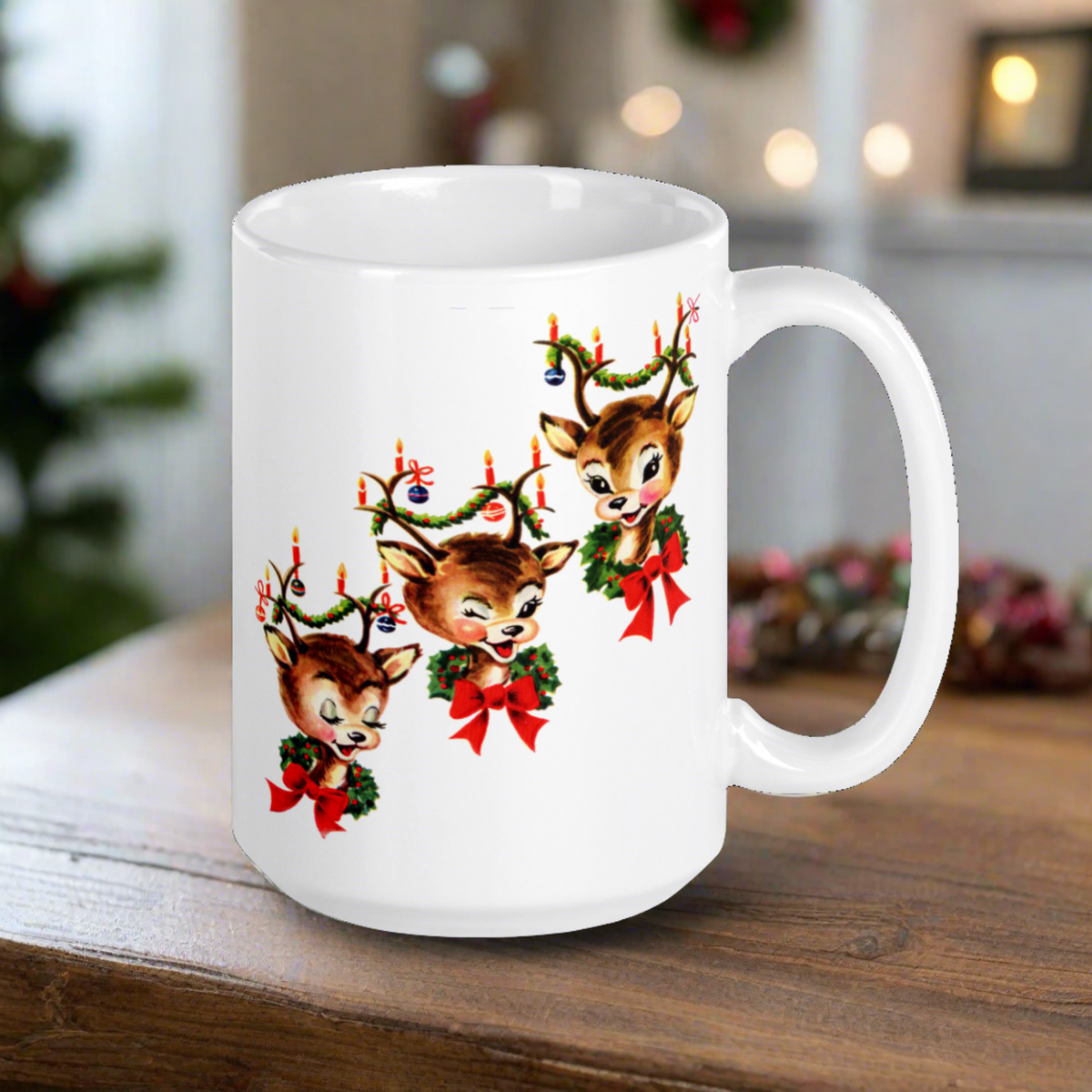 Three Reindeer Retro Vintage Christmas Glossy Coffee Mug