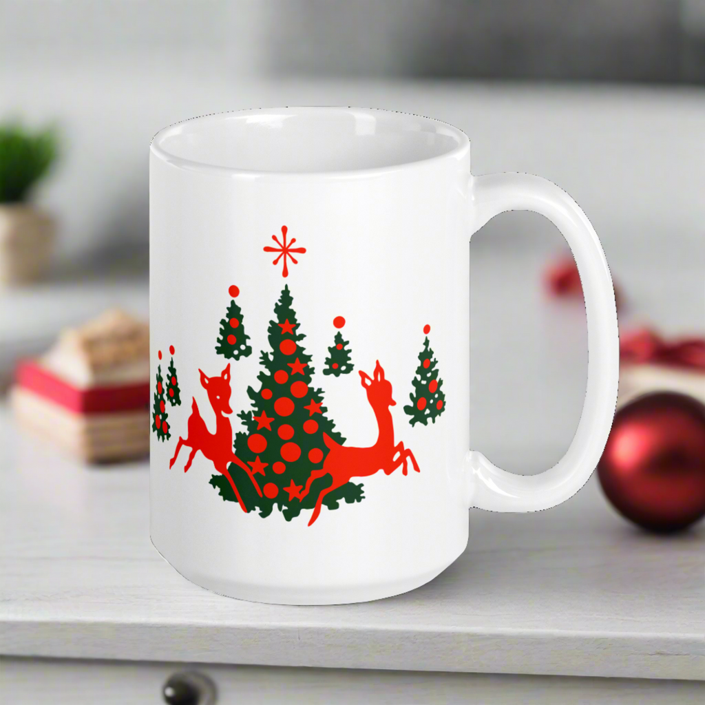 Red Reindeer Christmas Trees Mid Century Retro Christmas Print White Glossy Coffee Mug