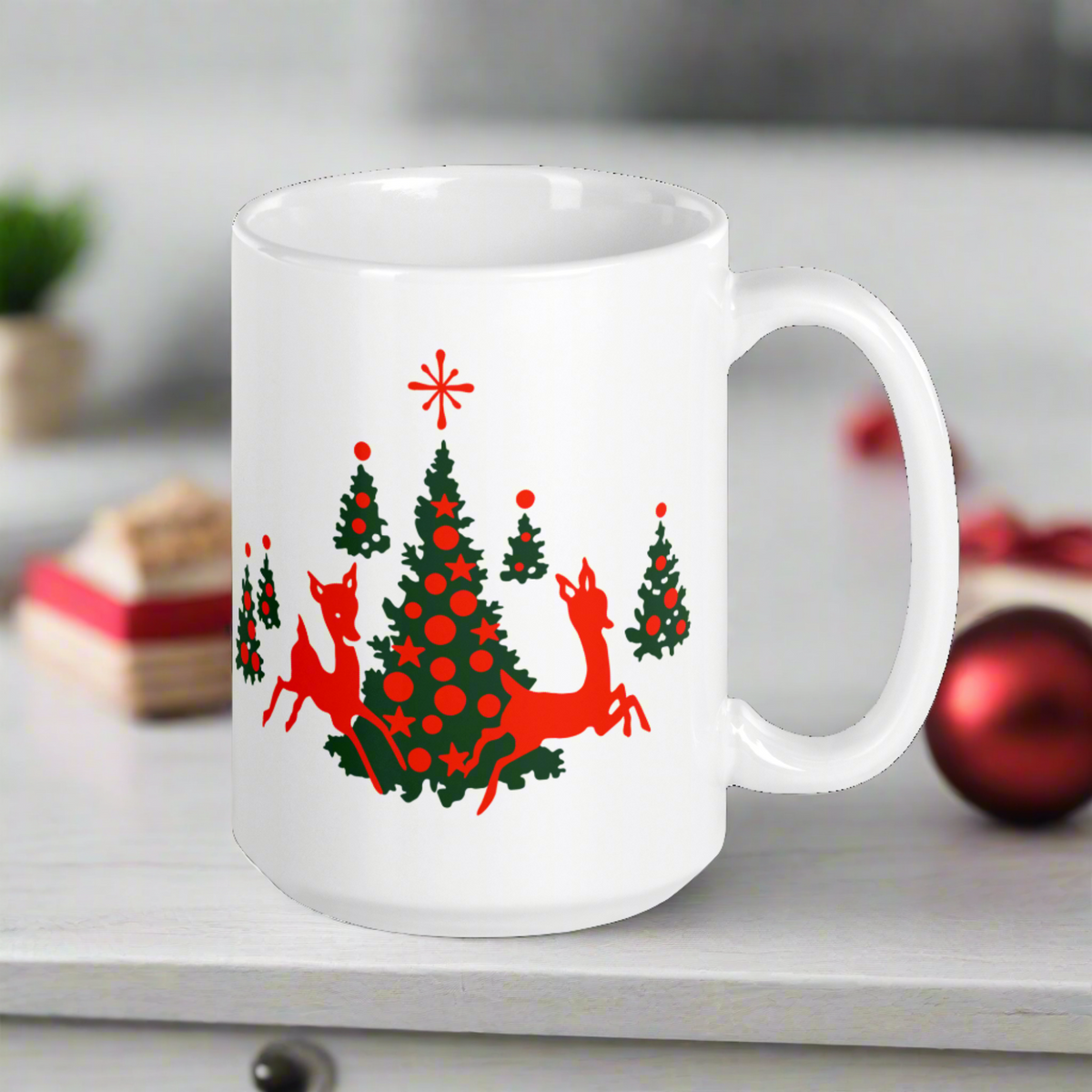 Red Reindeer Christmas Trees Mid Century Retro Christmas Print White Glossy Coffee Mug