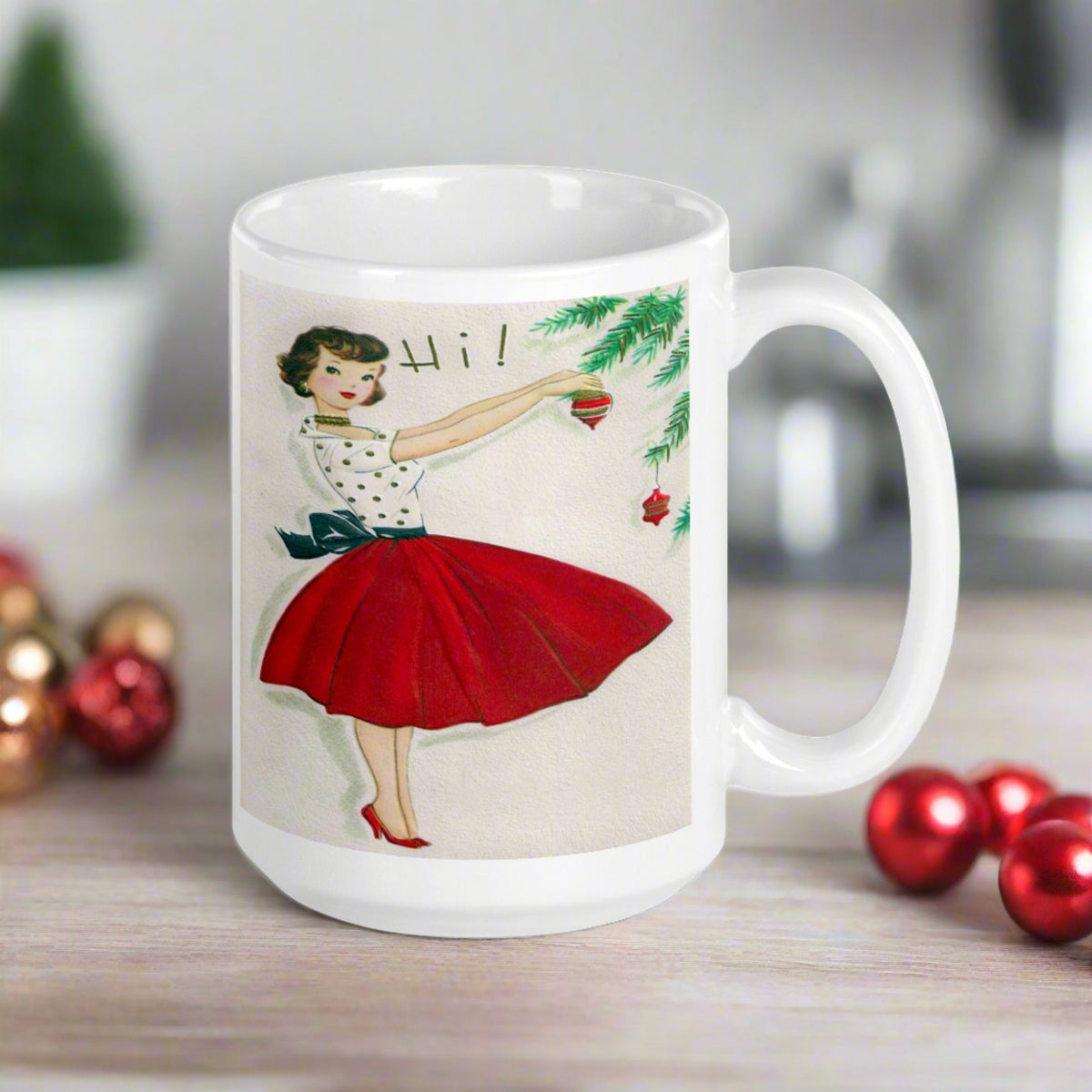 Christmas Lady Decorating Tree Glossy Coffee Mug