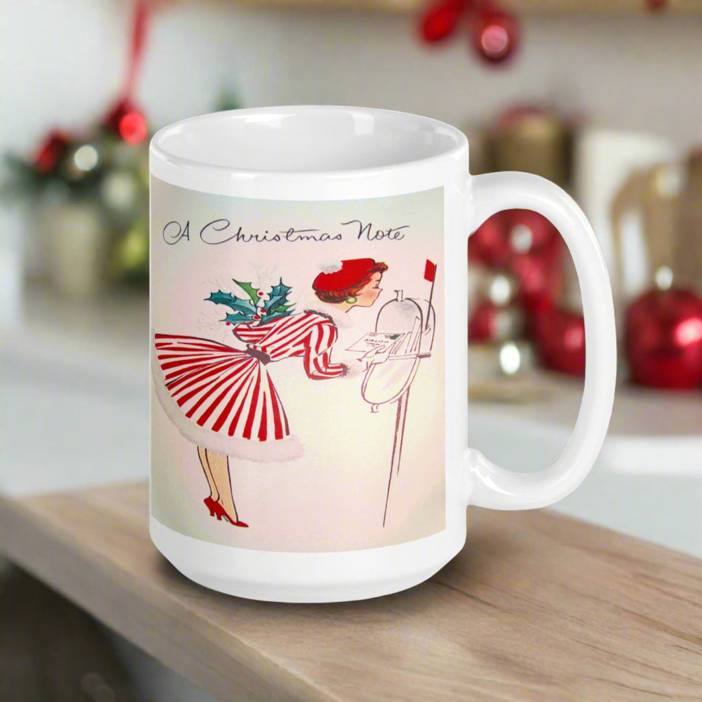 Christmas Lady At Mailbox Retro Housewife Glossy Ceramic Coffee Mug
