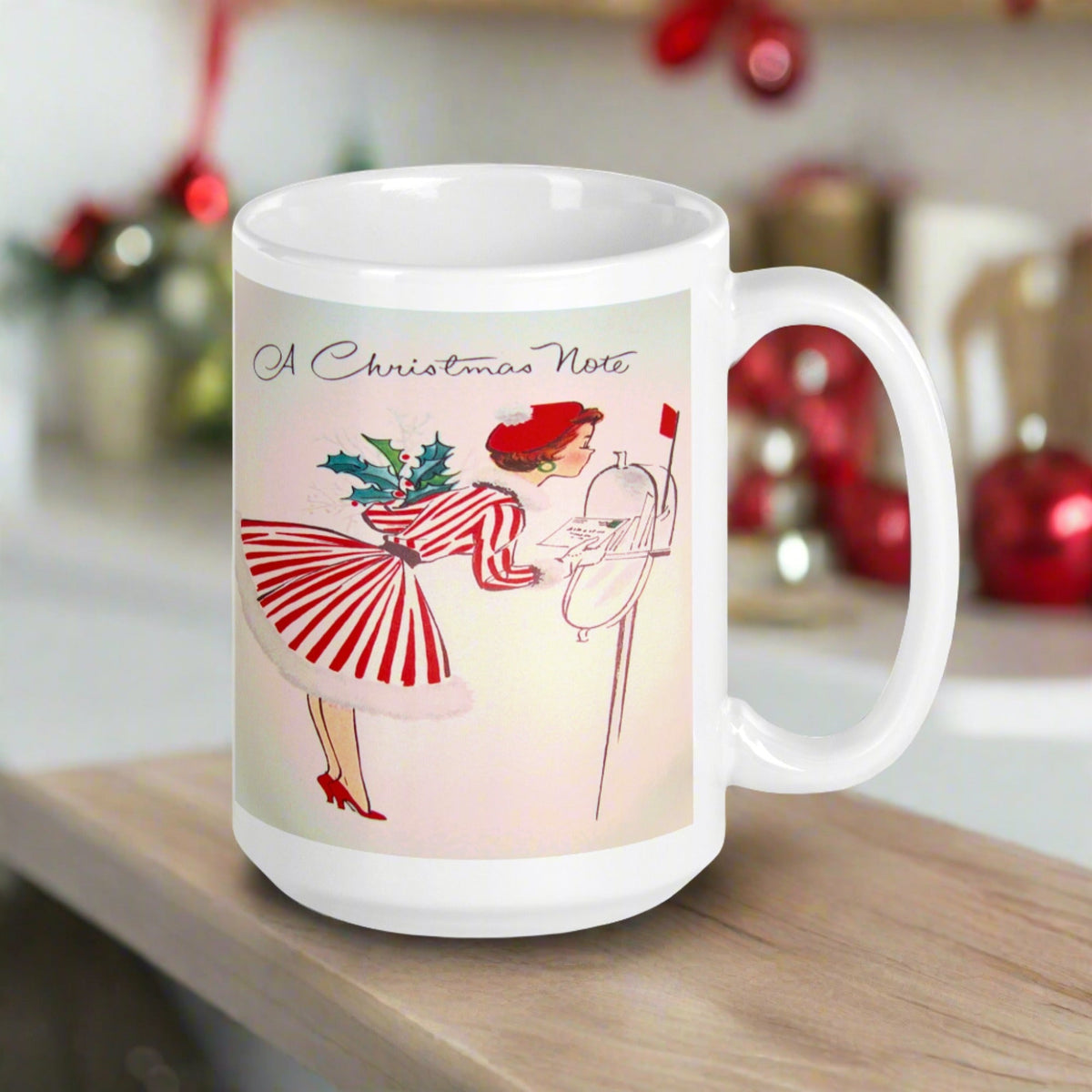 Christmas Lady At Mailbox Retro Housewife Glossy Ceramic Coffee Mug