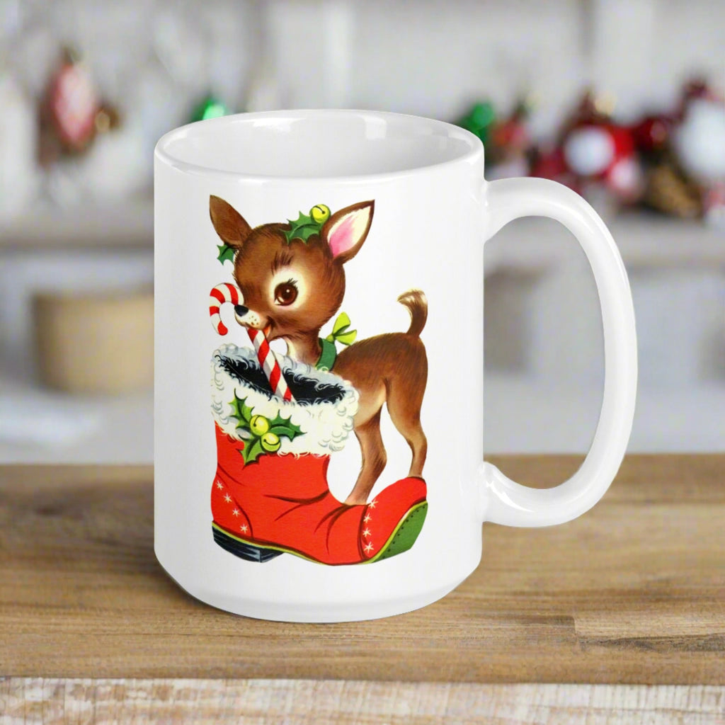Reindeer With Candy Cane Santa's Boot Retro Christmas Glossy Coffee Mug