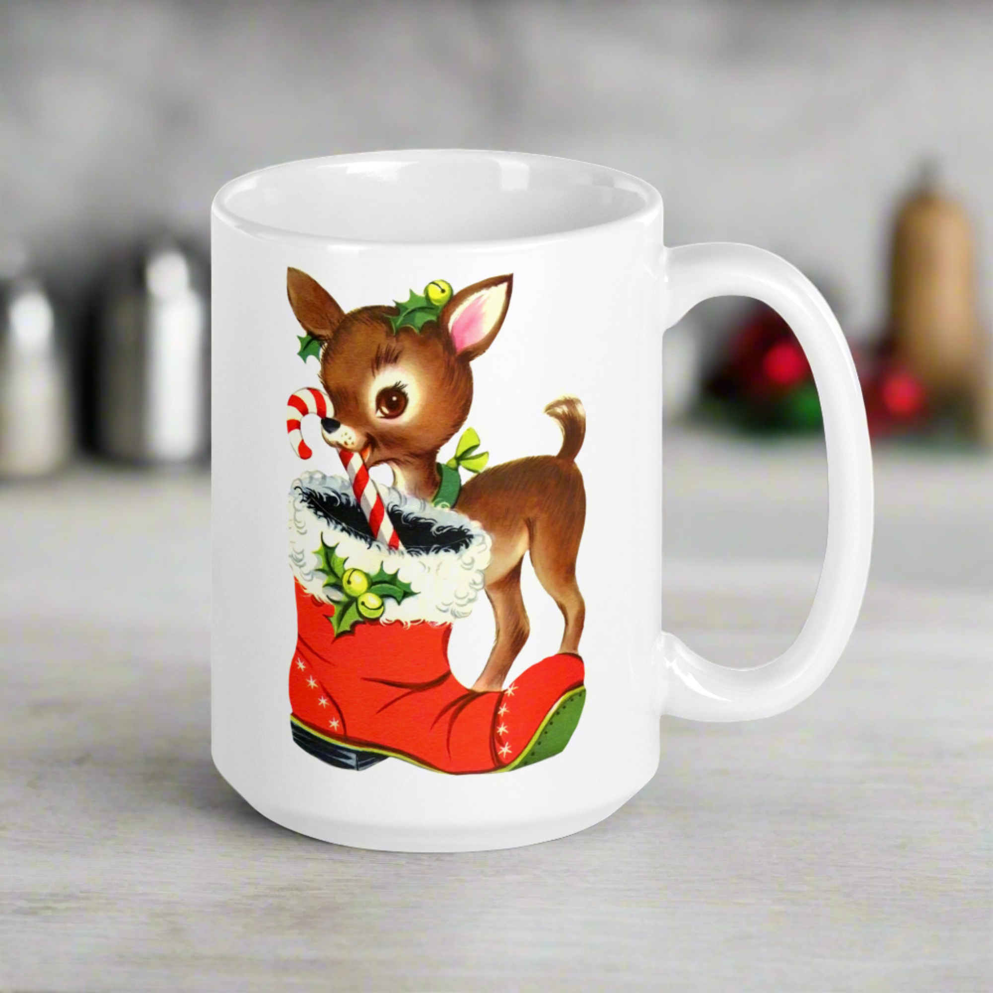 Reindeer With Candy Cane Santa's Boot Retro Christmas Glossy Coffee Mug