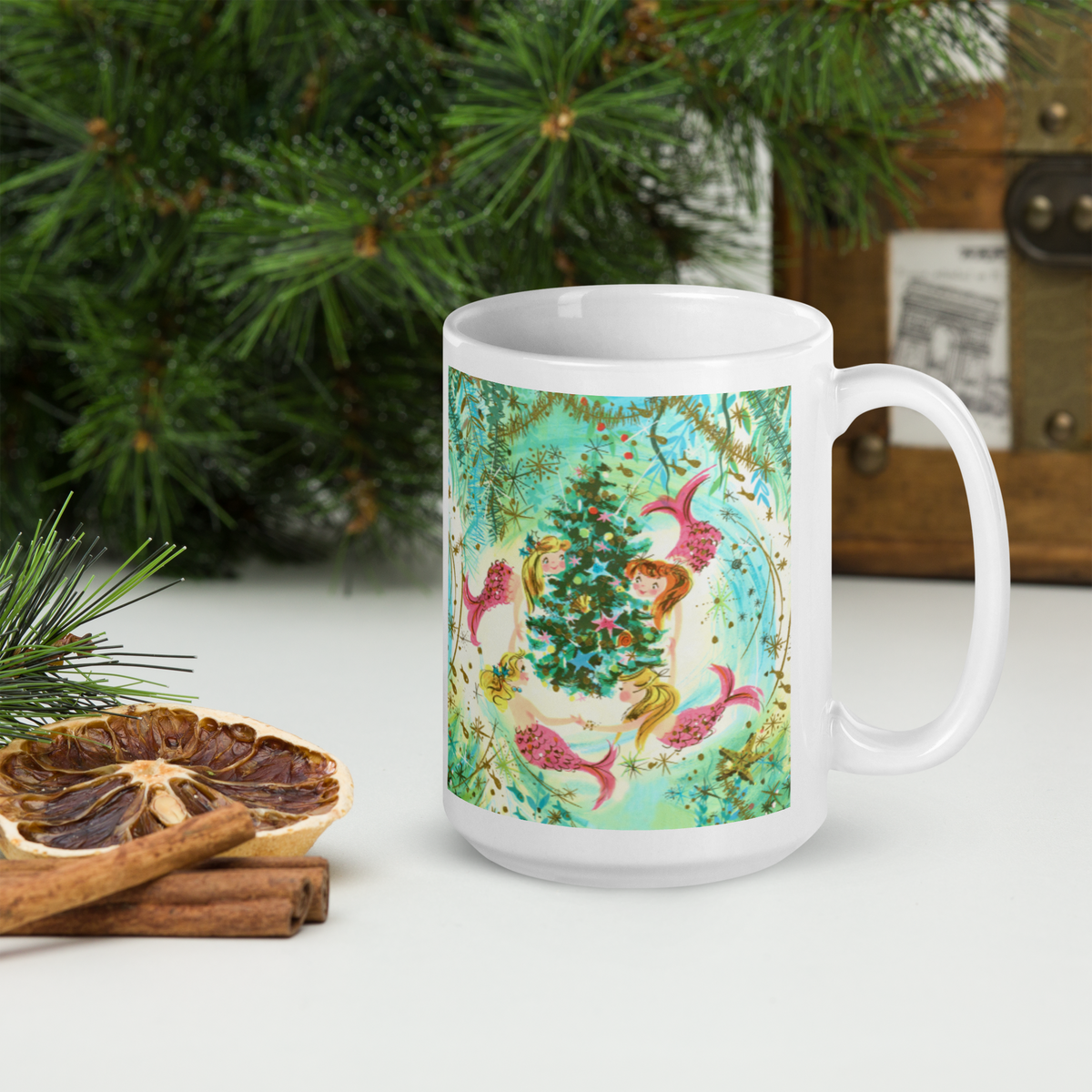 Mermaids Under The Sea Around The Christmas Tree Mid Century Retro Christmas Glossy Coffee Mug