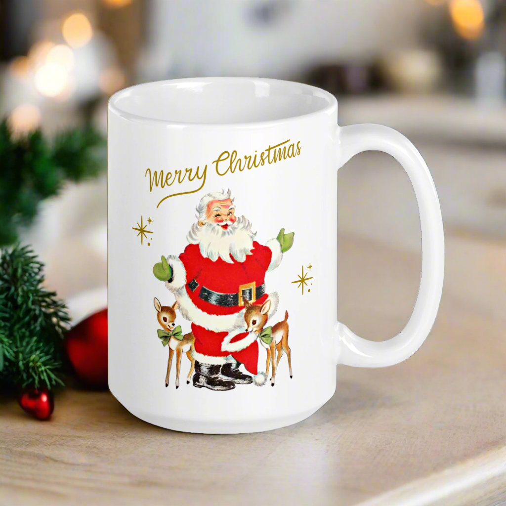 Merry Christmas Santa With Reindeer Gold Stars Merry Christmas Glossy Coffee Mug