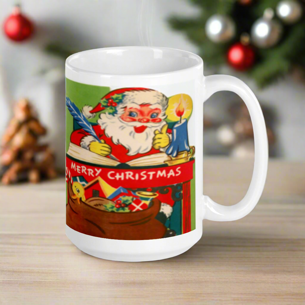 Santa At Workshop Desk Midcentury Christmas Glossy Coffee Mug