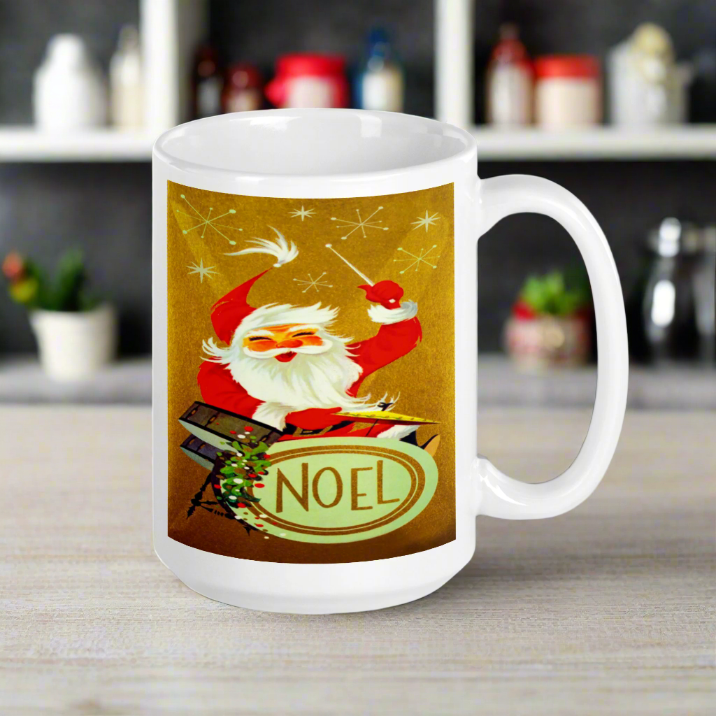 Santa Playing The Drums Retro Glossy Coffee Mug