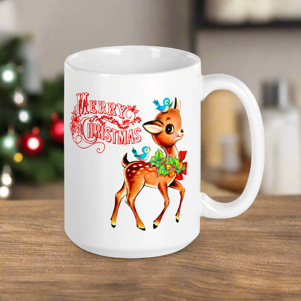 Merry Christmas Reindeer Bluebirds Midcentury Retro Coffee Mug