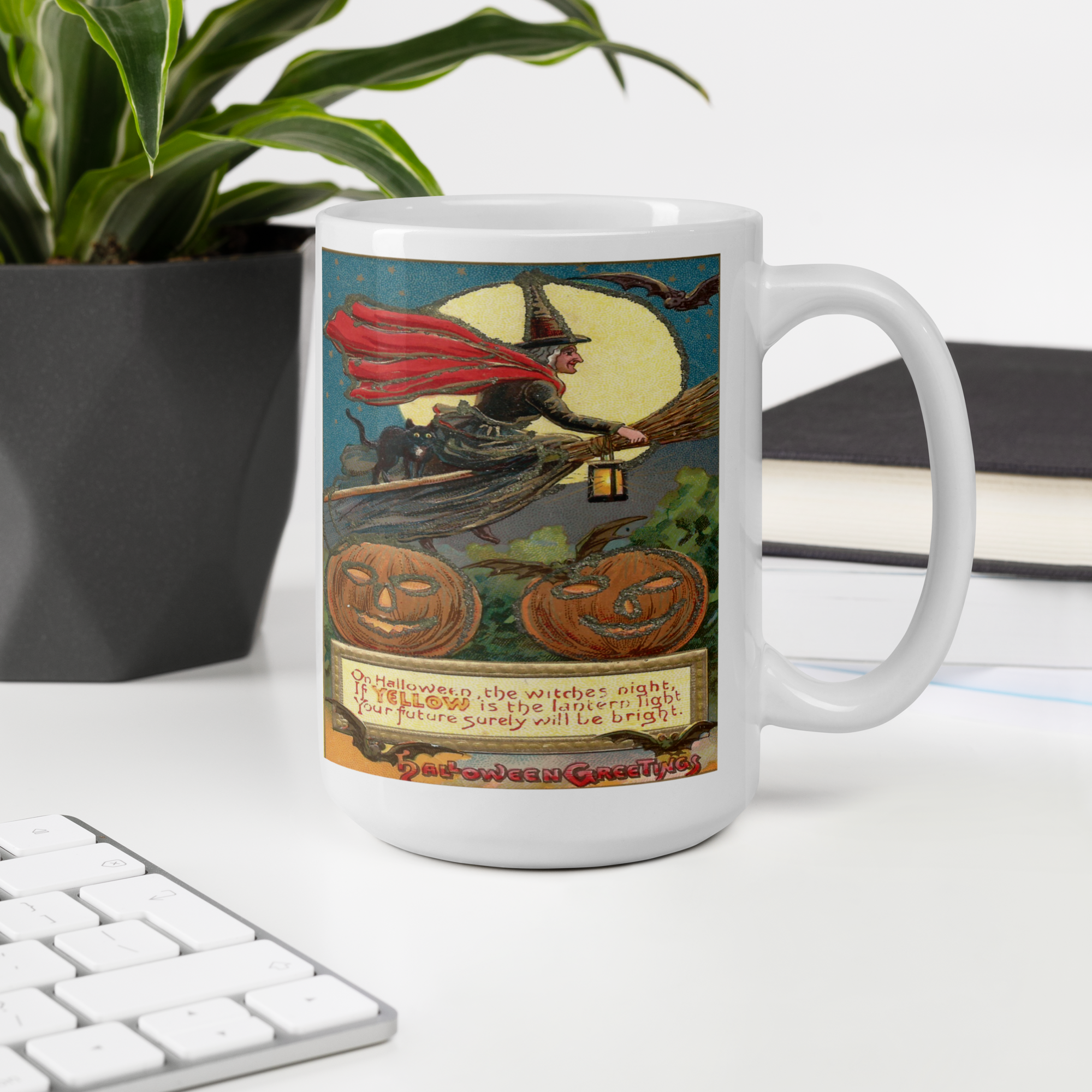 Victorian Witch Black Cat Retro Vintage Art Halloween Glossy Coffee Mug