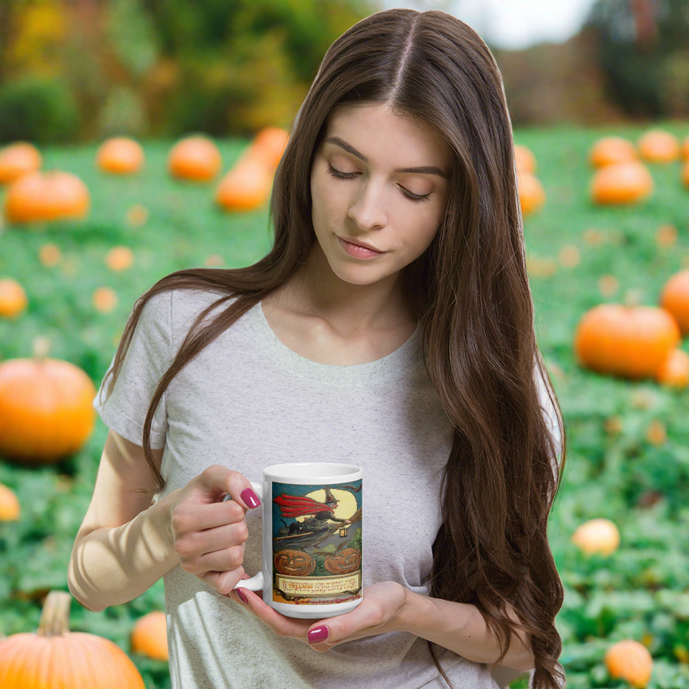 Victorian Witch Black Cat Retro Vintage Art Halloween Glossy Coffee Mug