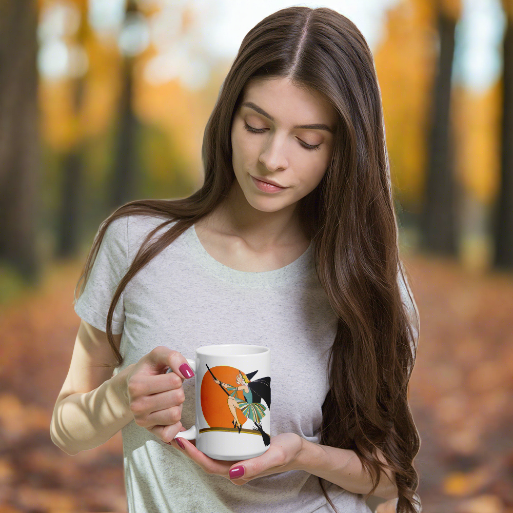 Flying Flapper Witch On Broom Orange Moon Retro Halloween Print Glossy Mug