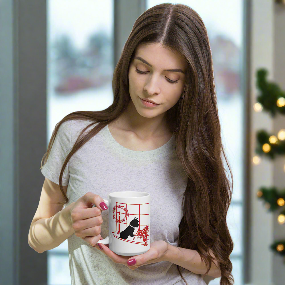 Black Scottie Dog At Window With Poinsettias And Candle Retro Vintage Print Ceramic Glossy Christmas Coffee Mug