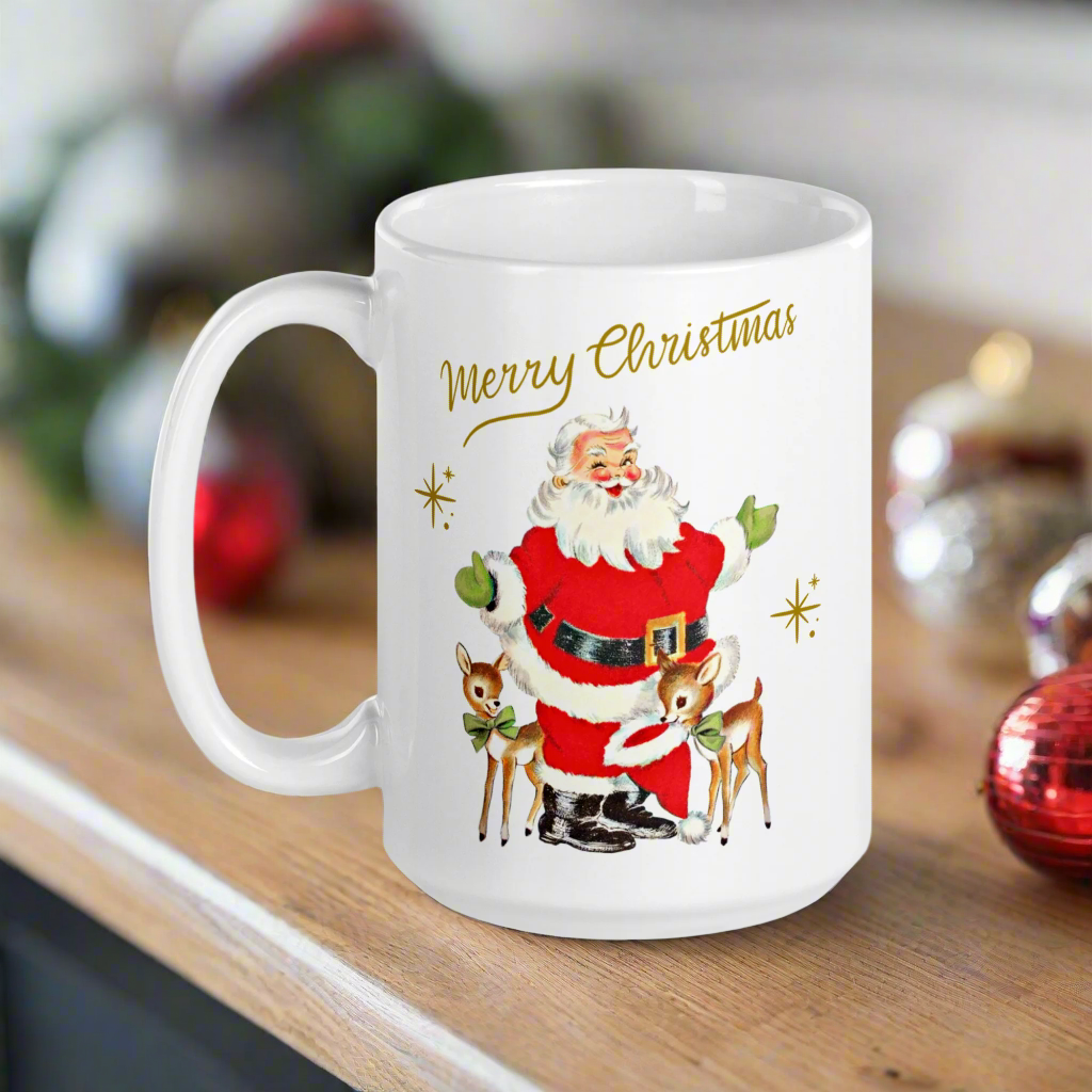 Merry Christmas Santa With Reindeer Gold Stars Merry Christmas Glossy Coffee Mug