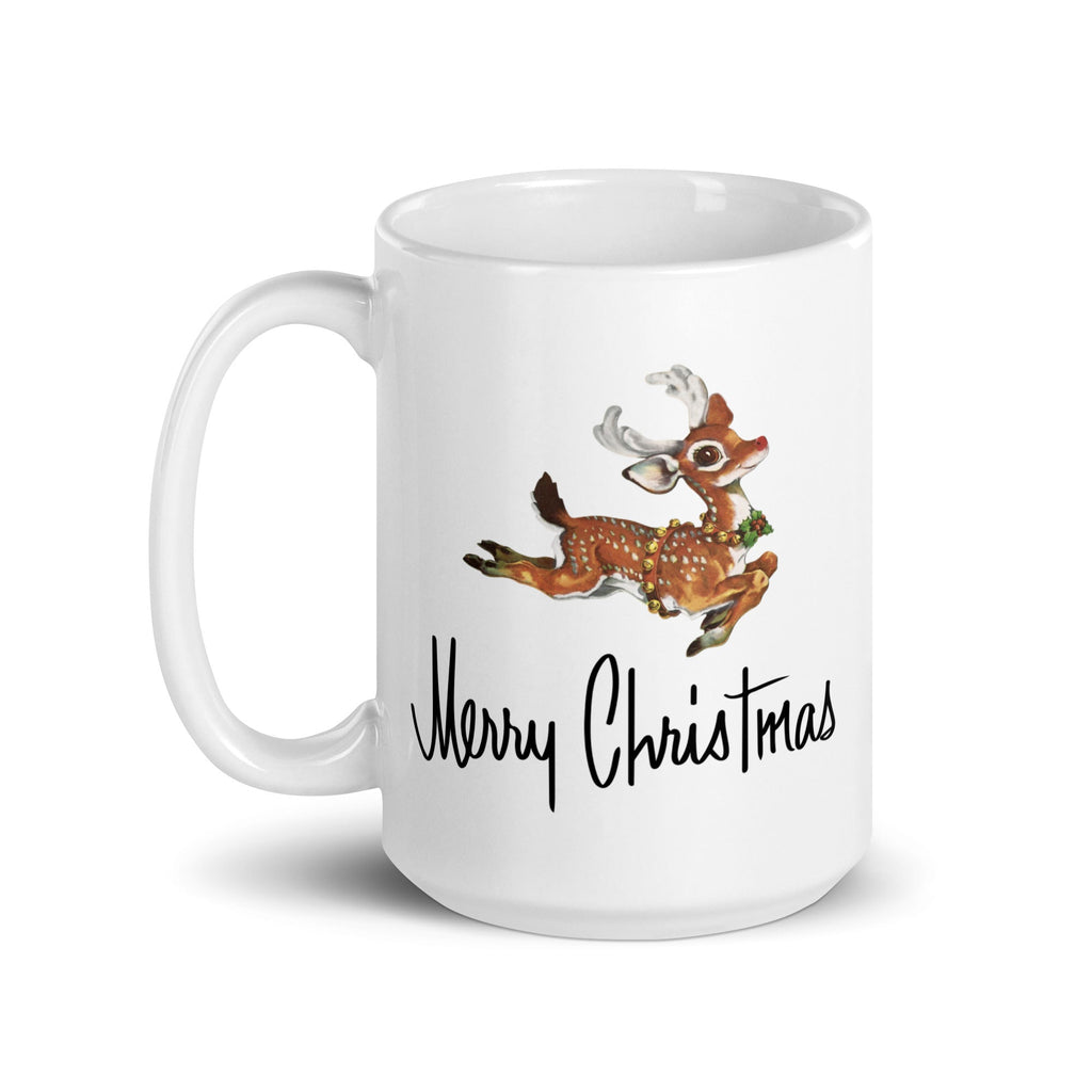 Merry Christmas Leaping Reindeer Mid Century Retro Christmas Print Glossy Mug