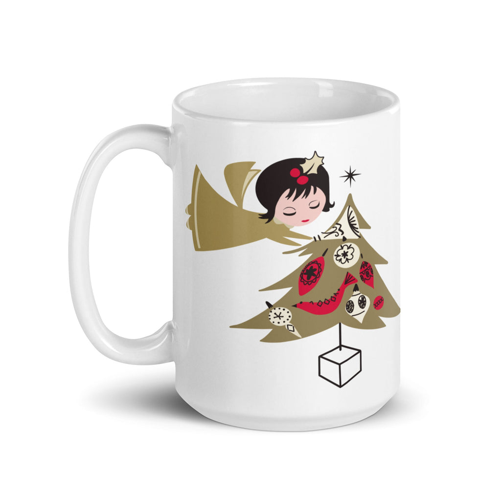 Gold Christmas Angel And Tree Mid Century Retro Christmas Print Glossy Mug
