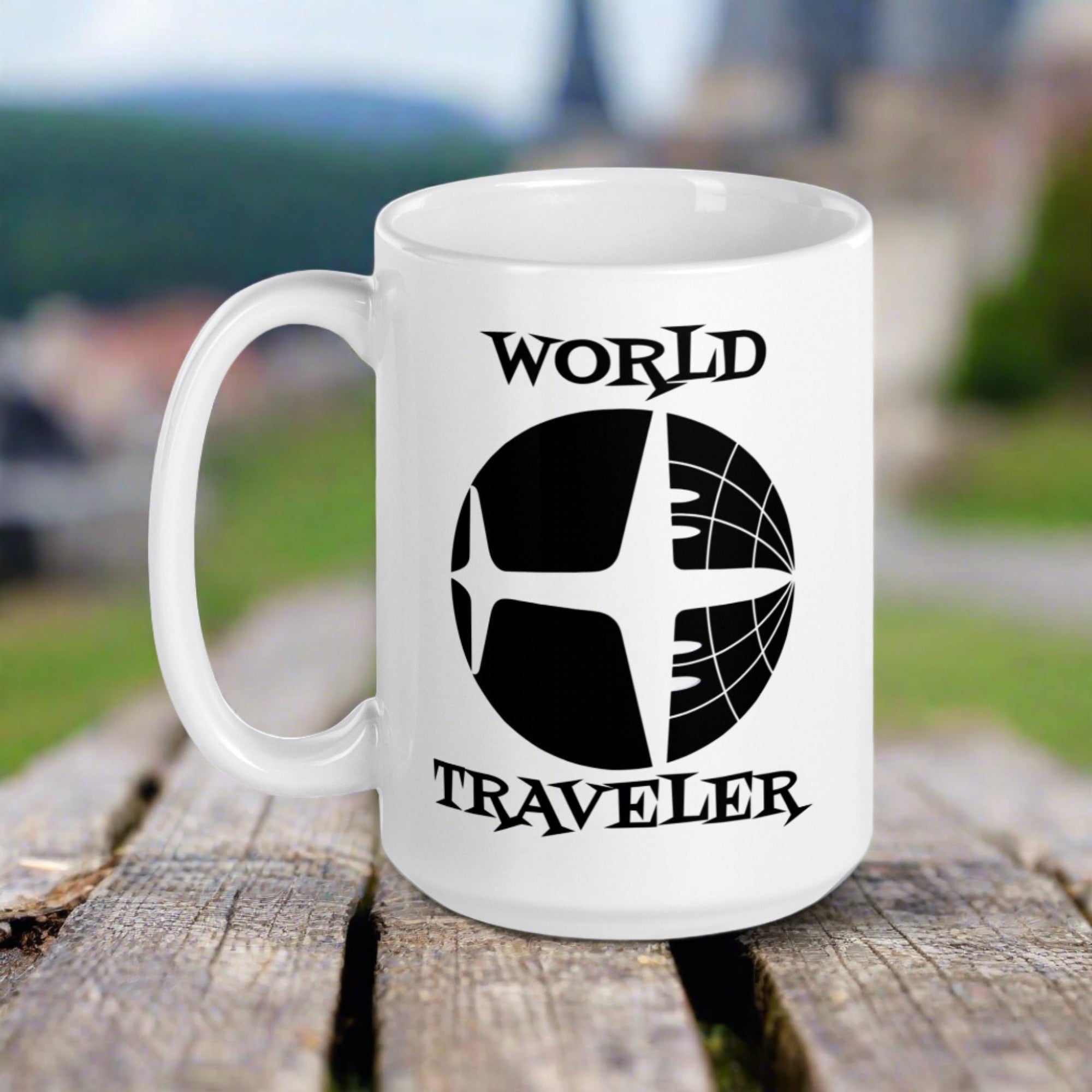 World Traveler Airplane Globe Atomic Mid Century Retro Travel Print White Glossy Mug