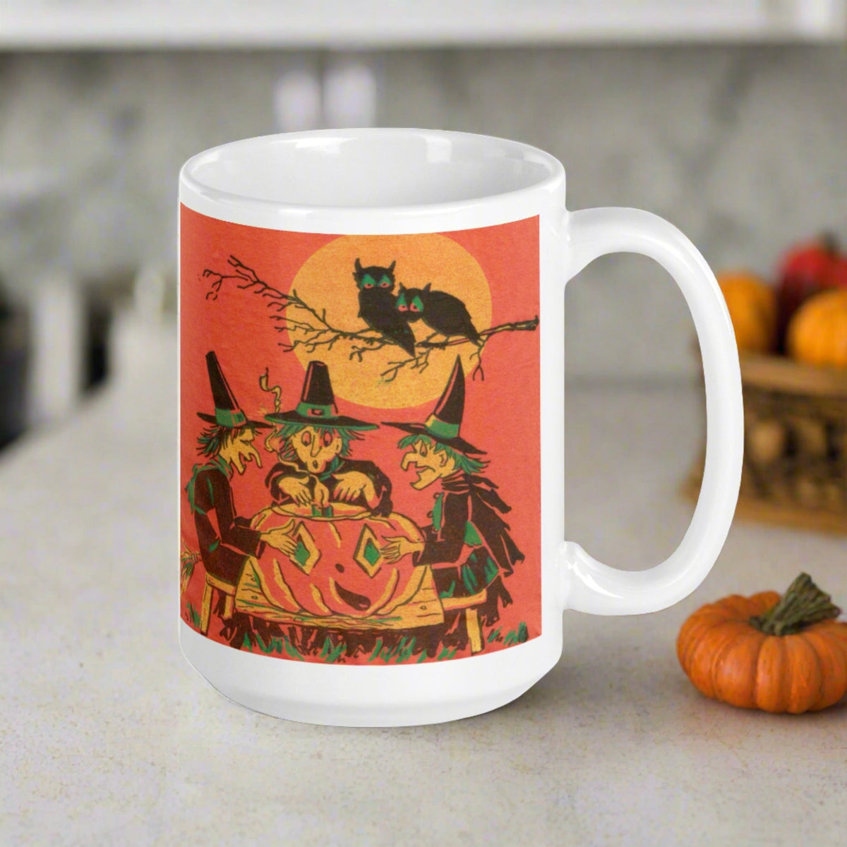 Three Witches Owls Full Moon Retro Halloween Glossy Ceramic Mug