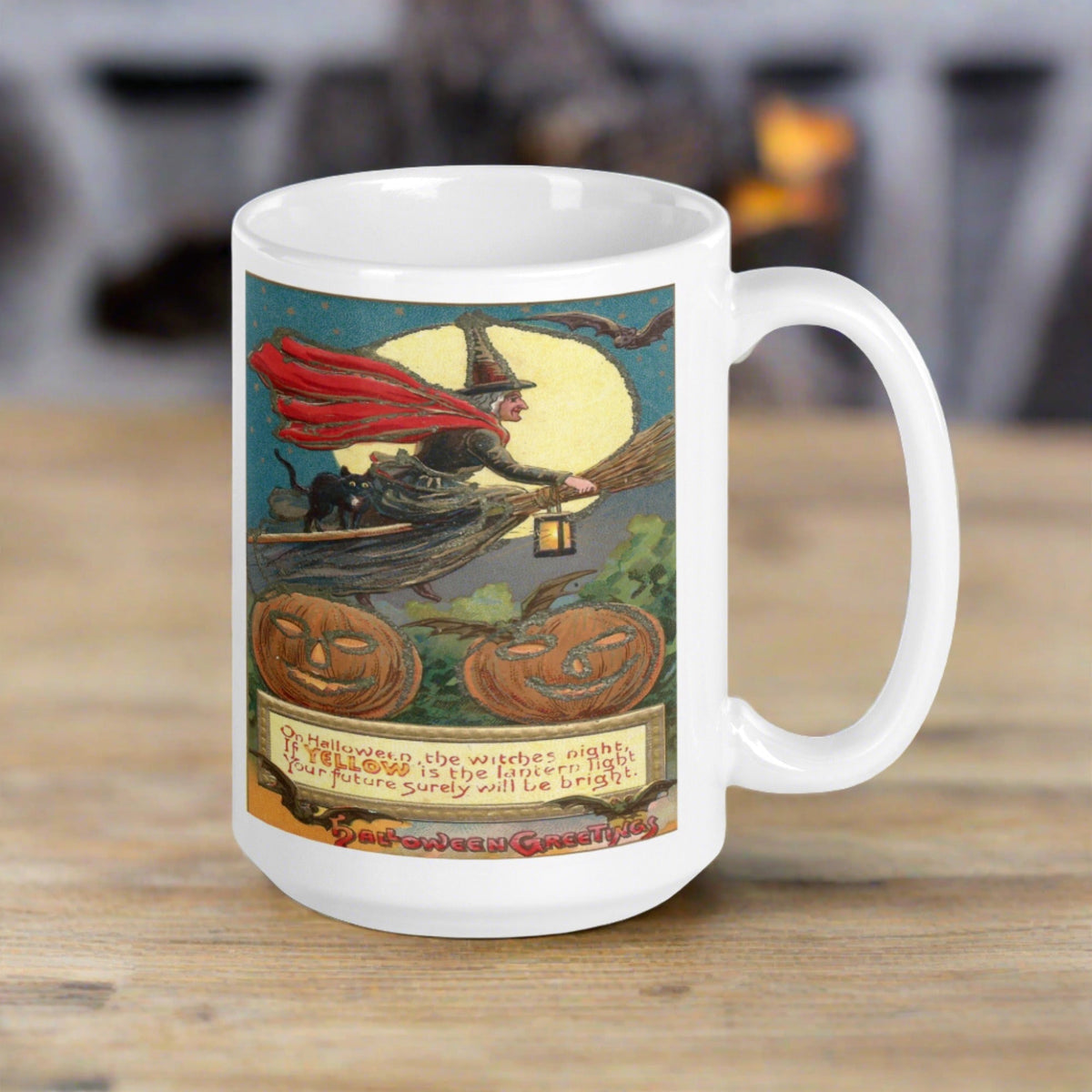 Victorian Witch Black Cat Retro Vintage Art Halloween Glossy Coffee Mug