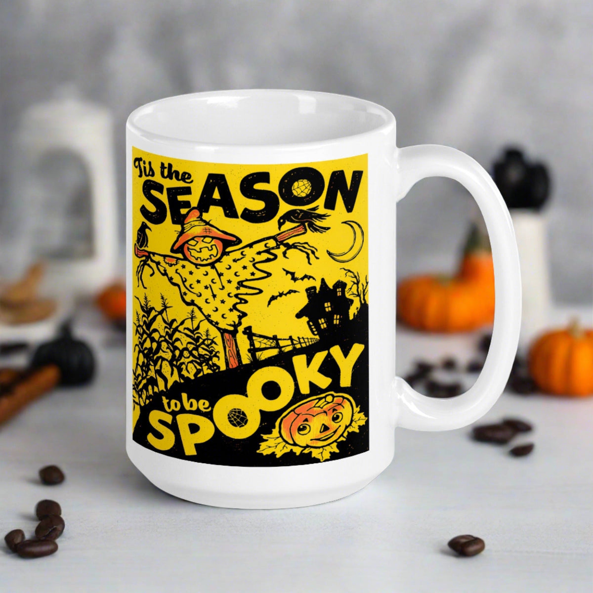 Tis The Season To Be Spooky Scarecrow Jack O'Lantern Retro Halloween Print Glossy Coffee Mug