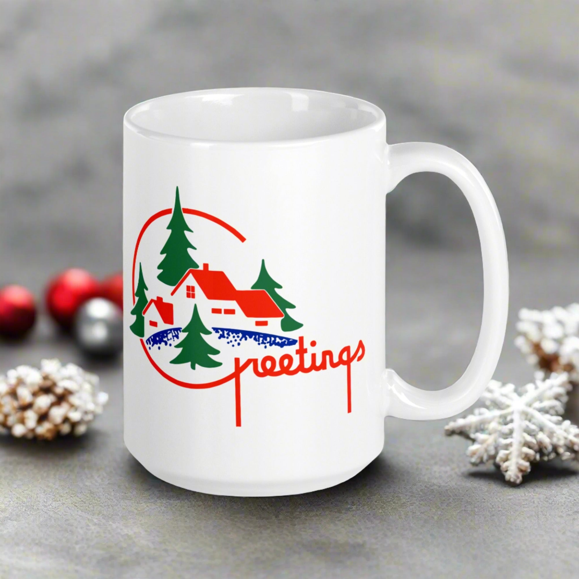 Greetings Mid Century Retro Christmas Print White Glossy Coffee Mug