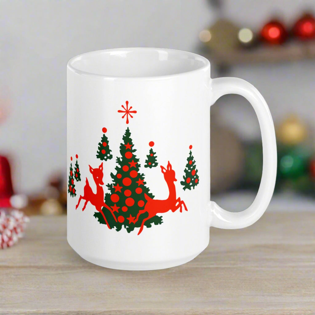 Red Reindeer Christmas Trees Mid Century Retro Christmas Print White Glossy Coffee Mug