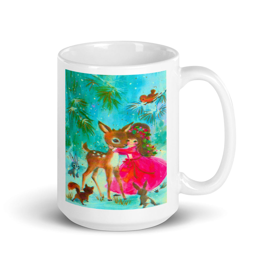 Girl Hugging Fawn Baby Deer Woodland Critters Mod Retro Christmas Print Glossy Coffee Mug