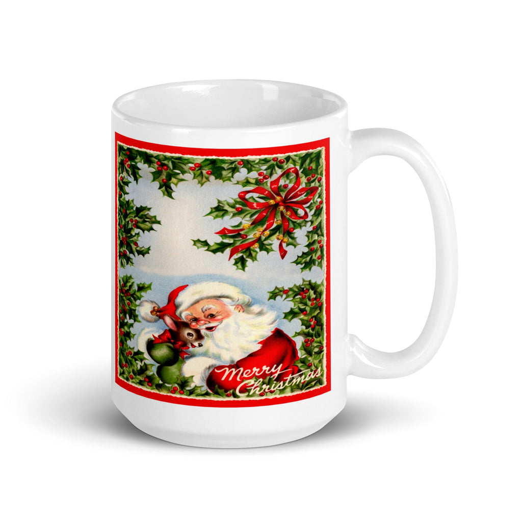 Santa With Baby Reindeer Christmas Holly Mid Century Retro Christmas Print Glossy Mug