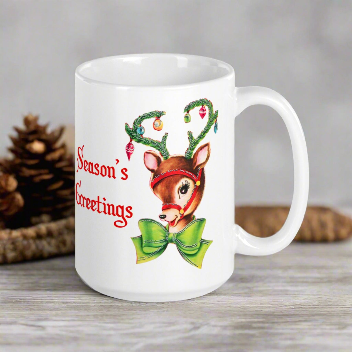 Season's Greetings Reindeer Retro Mid Century Christmas Print White Glossy Mug