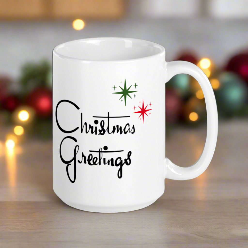 Christmas Greetings Starburst Atomic Mid Century Glossy Cofffee Mug