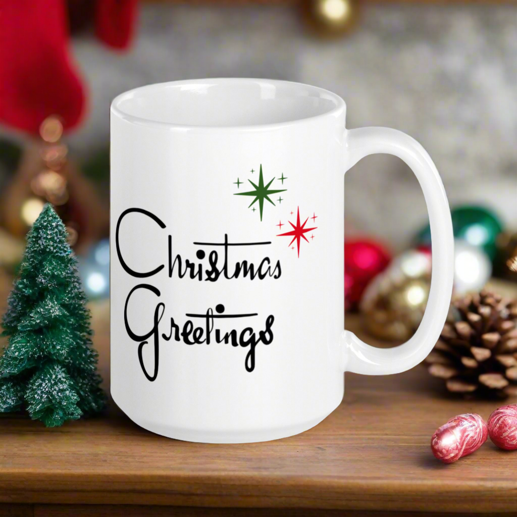 Christmas Greetings Starburst Atomic Mid Century Glossy Cofffee Mug
