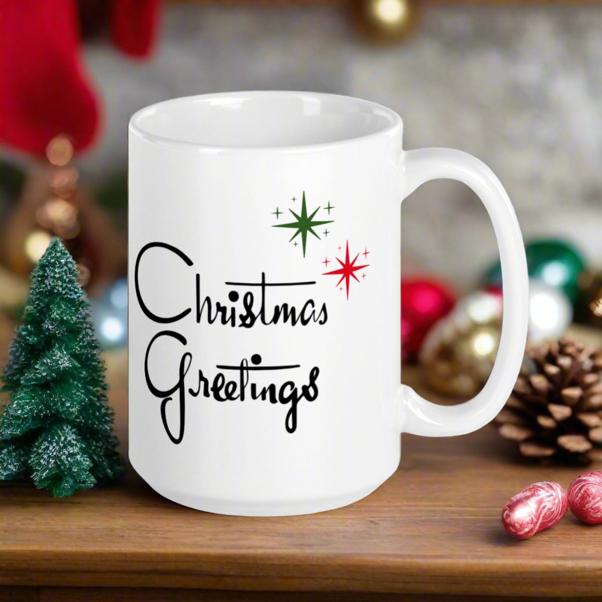 Christmas Greetings Starburst Atomic Mid Century Glossy Cofffee Mug