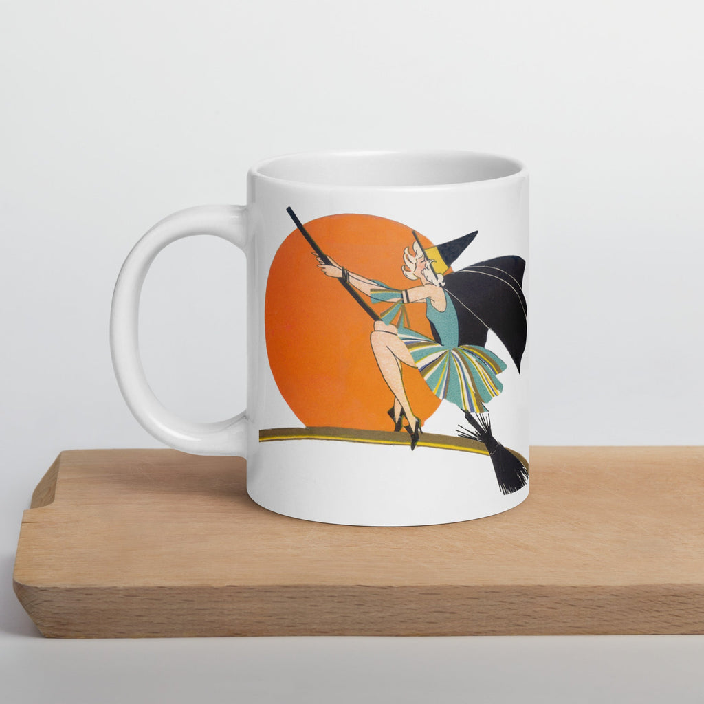 Flying Flapper Witch On Broom Orange Moon Retro Halloween Print Glossy Mug