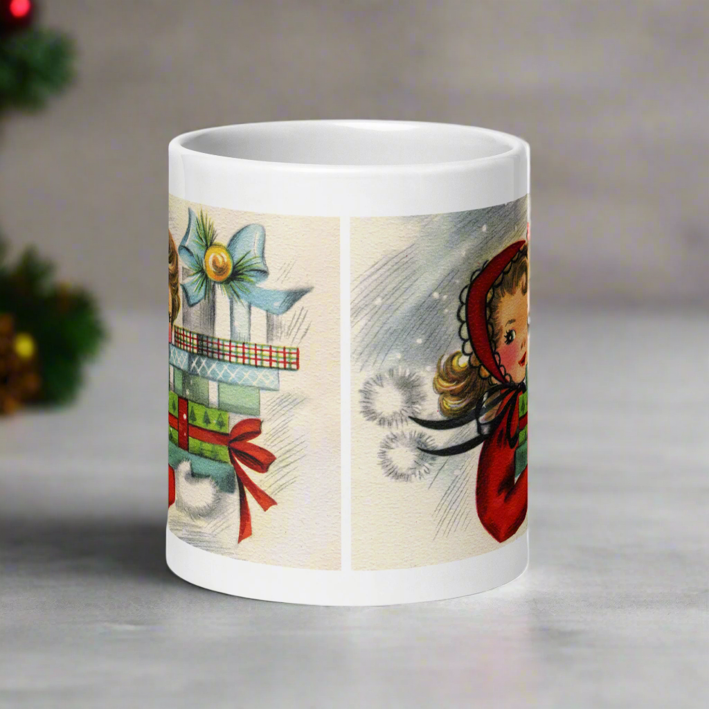 Retro Christmas Lady With Gifts Mid Century Retro Christmas Print White Glossy Coffee Mug
