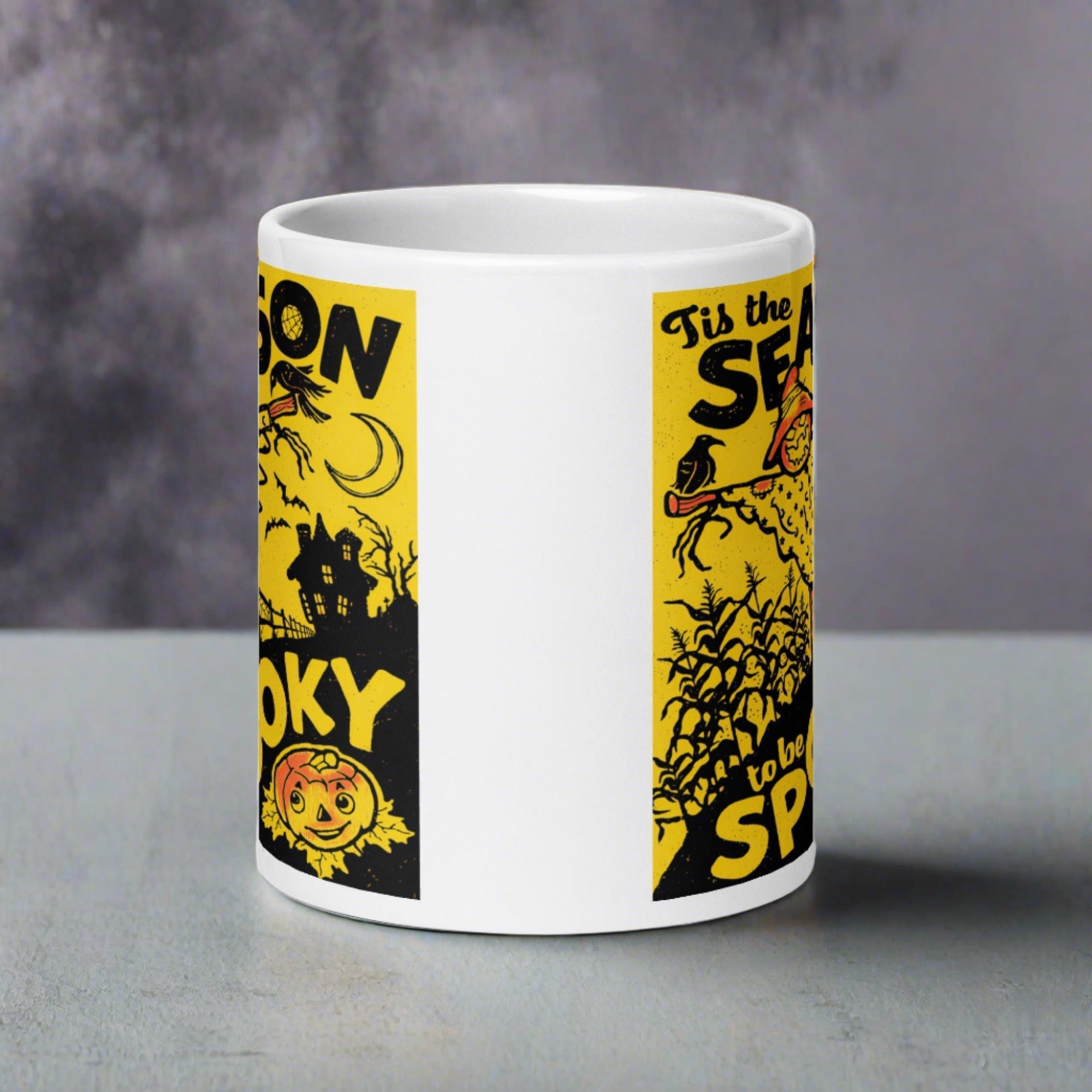Tis The Season To Be Spooky Scarecrow Jack O'Lantern Retro Halloween Print Glossy Coffee Mug