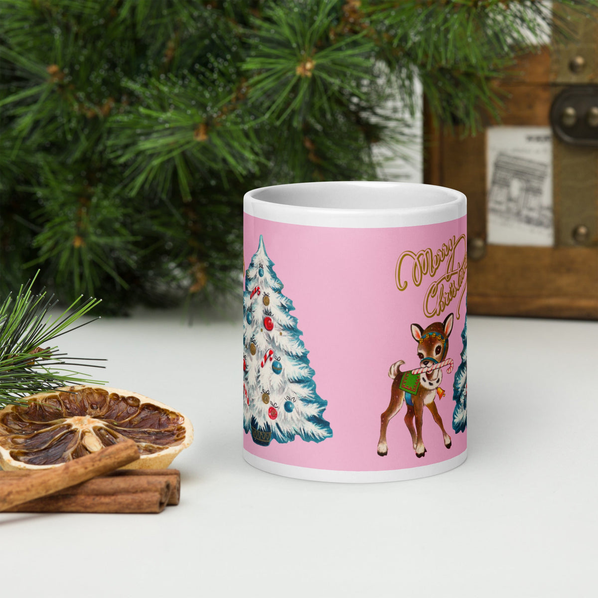 Merry Christmas Reindeer Mug White Teal Tree Pink Mid Century Retro Glossy Coffee Mug