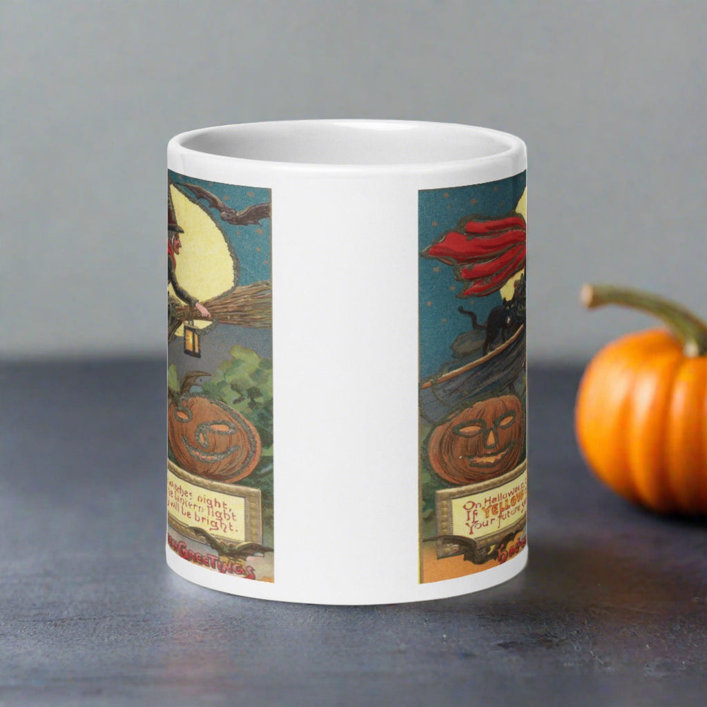Victorian Witch Black Cat Retro Vintage Art Halloween Glossy Coffee Mug