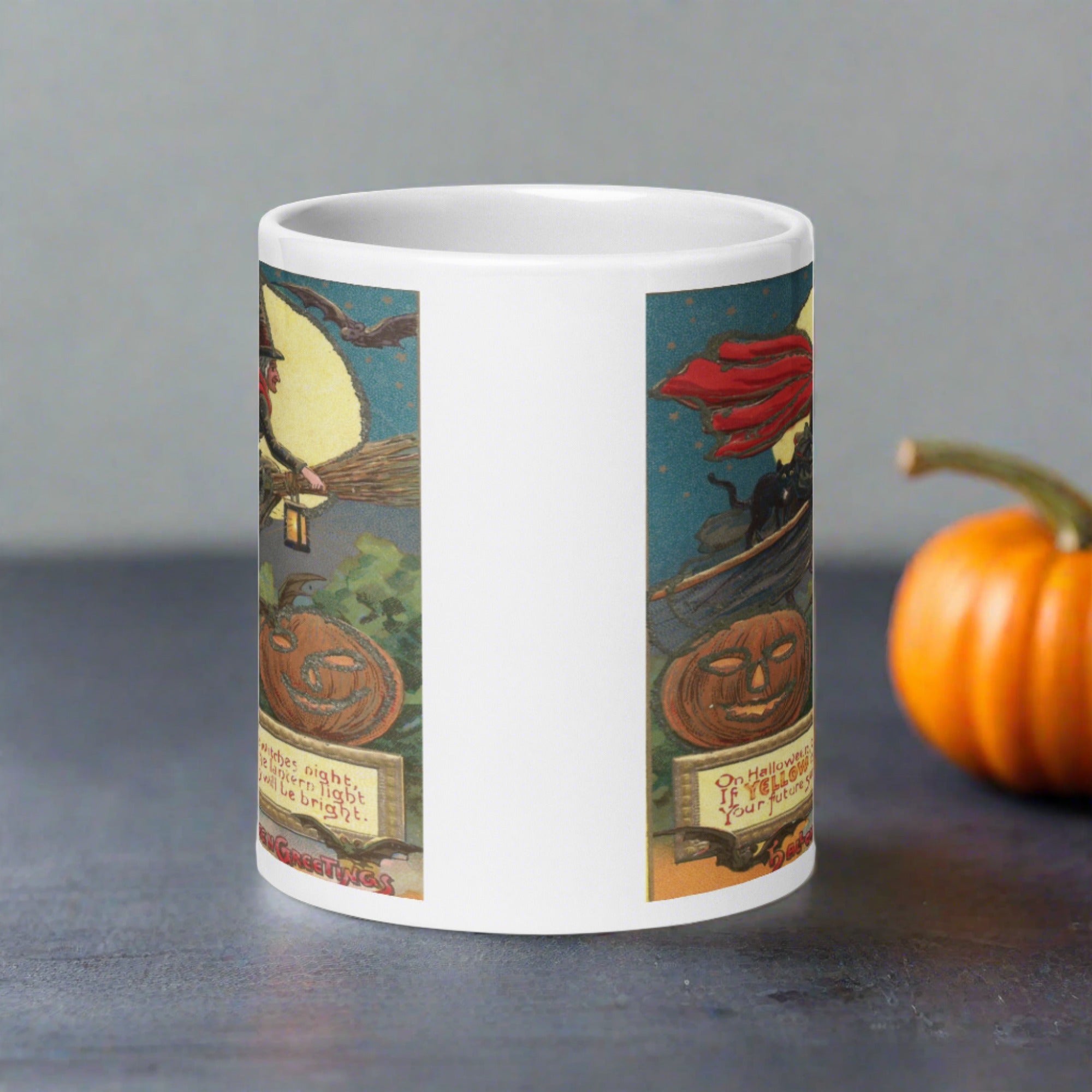 Victorian Witch Black Cat Retro Vintage Art Halloween Glossy Coffee Mug