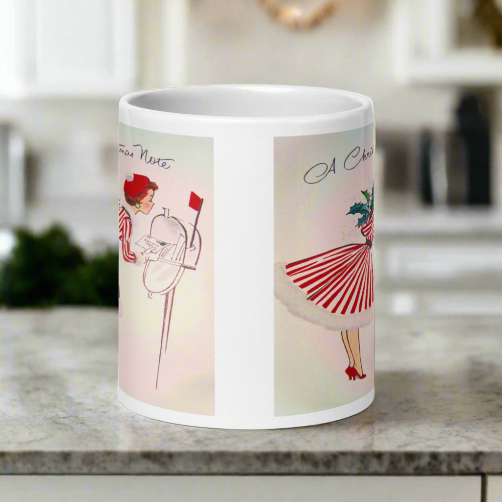 Christmas Lady At Mailbox Retro Housewife Glossy Ceramic Coffee Mug
