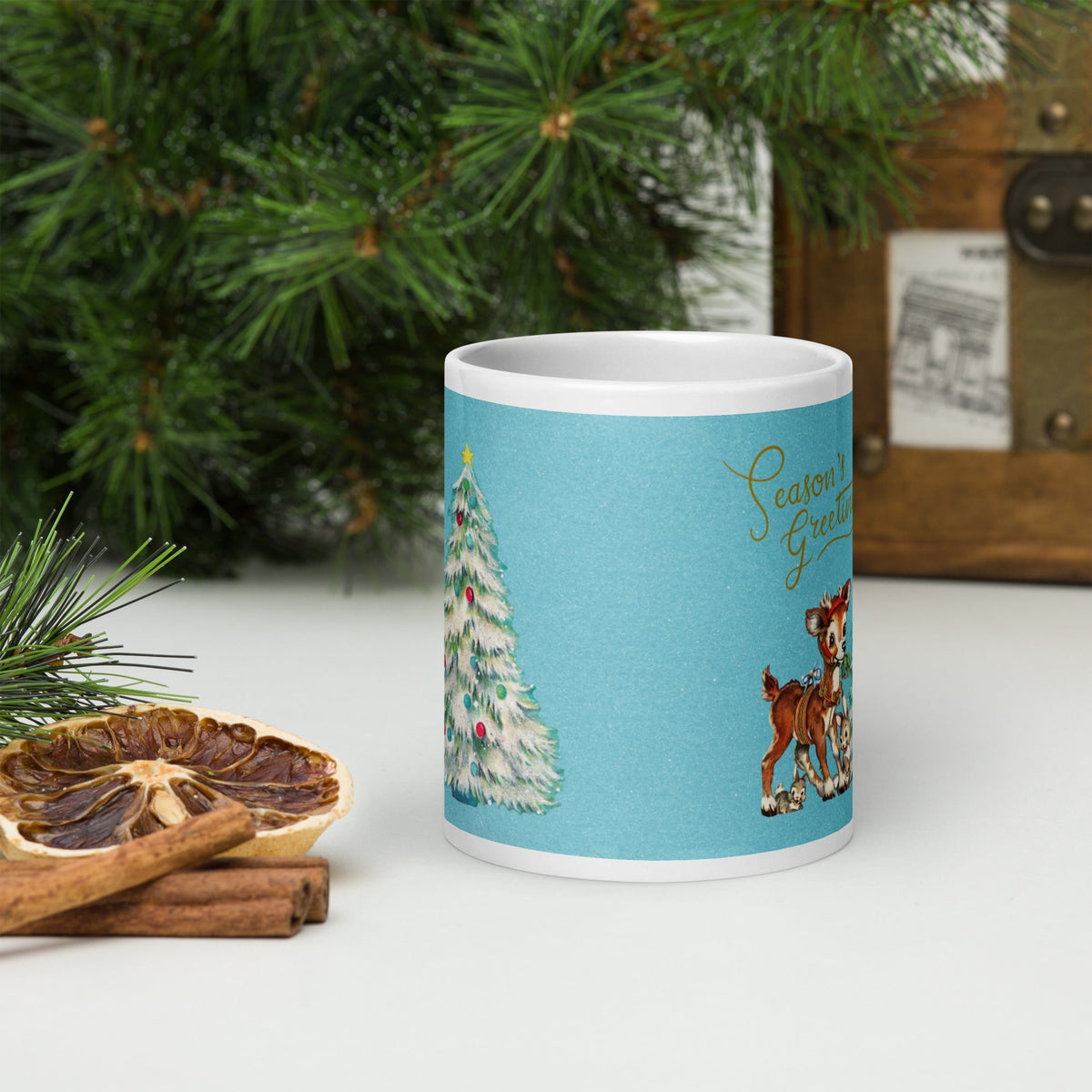 Seasons Greetings Reindeer Bunnies Retro Christmas Mug