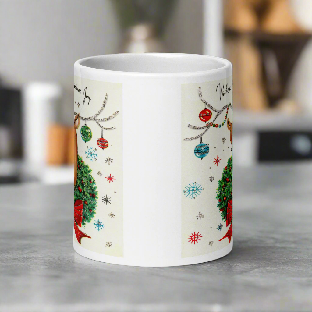 Wishing You Christmas Joy Reindeer With Ornaments Midcentury Retro Christmas Glossy Coffee Mug