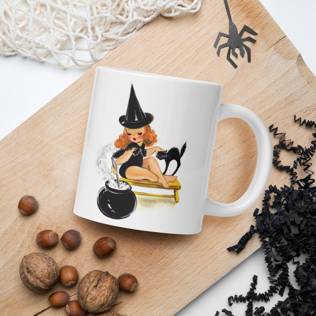 Orange Witch Black Cat Retro Halloween Print Mug