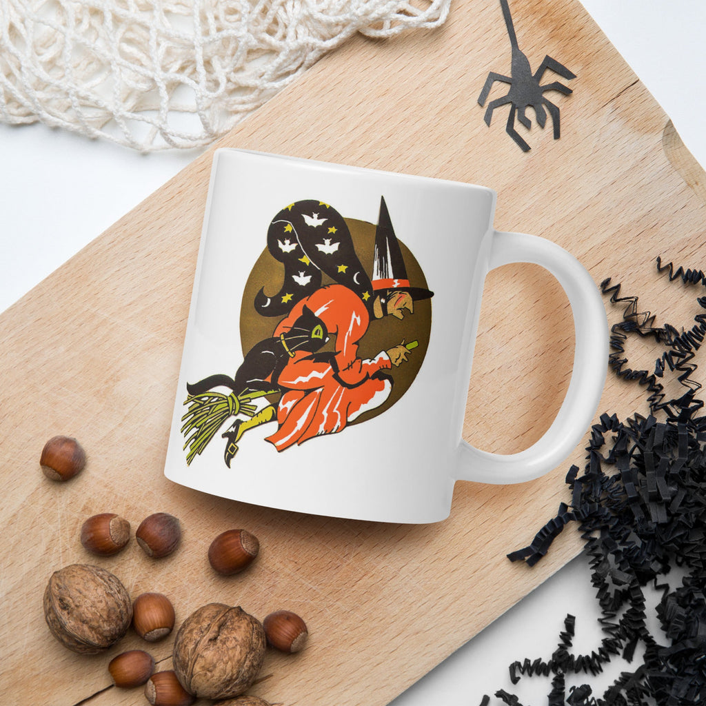 Gold Moon Halloween Witch Black Cat Retro Glossy Coffee Mug
