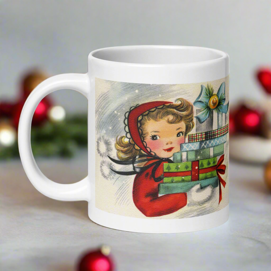 Retro Christmas Lady With Gifts Mid Century Retro Christmas Print White Glossy Coffee Mug