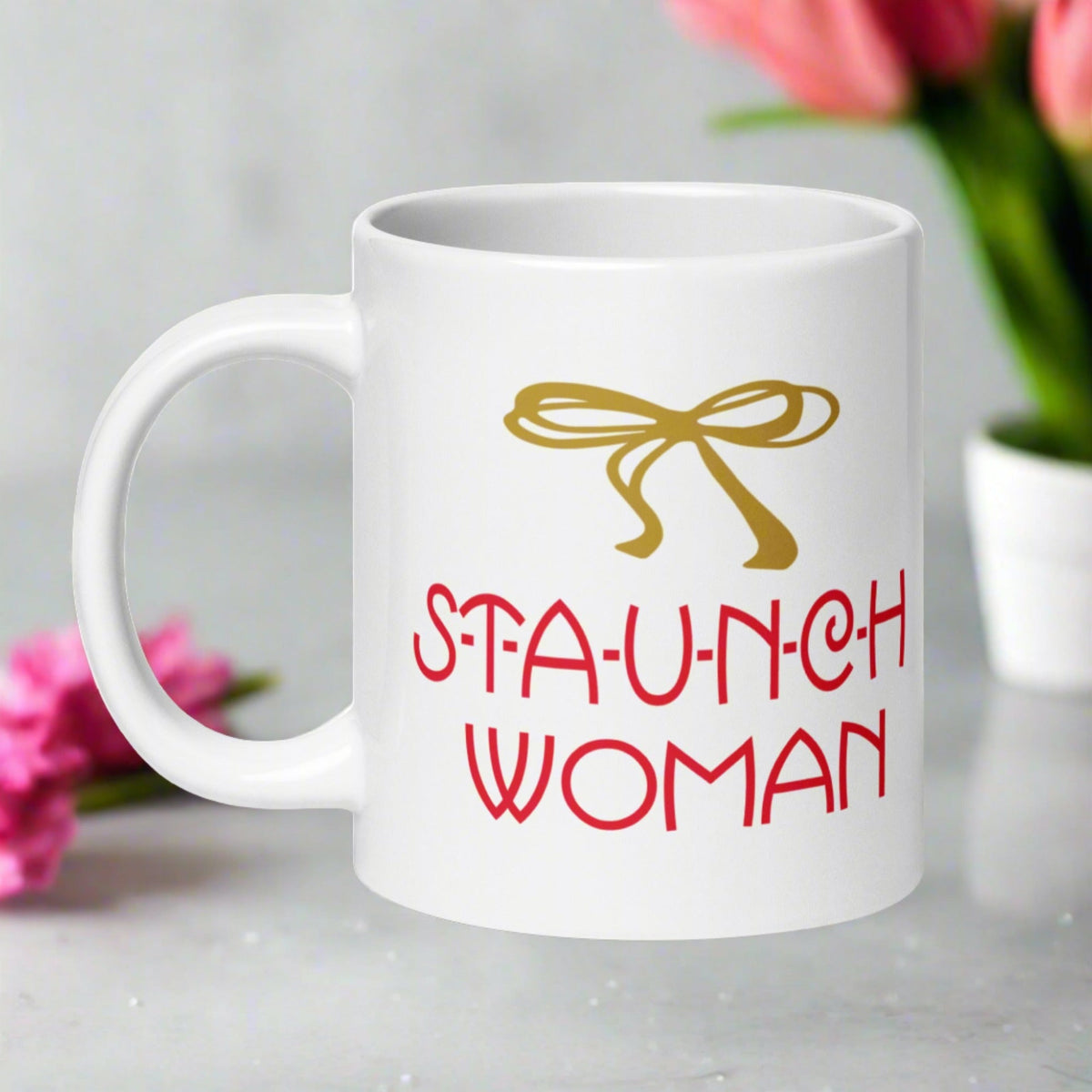Little Edie Gold Bow Staunch Woman White Glossy Mug