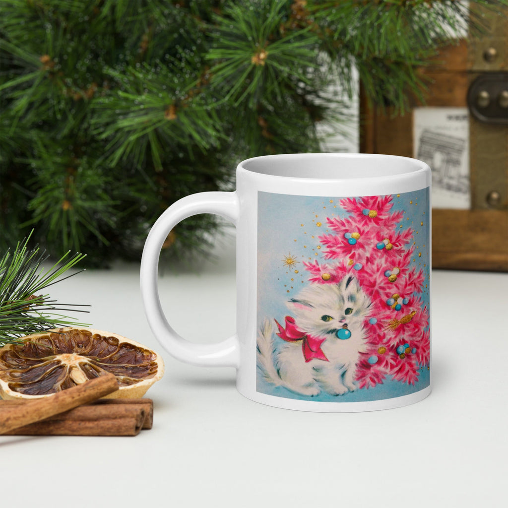 Christmas Kitten Pink Christmas Tree Mid Century Retro Christmas Print Glossy Mug